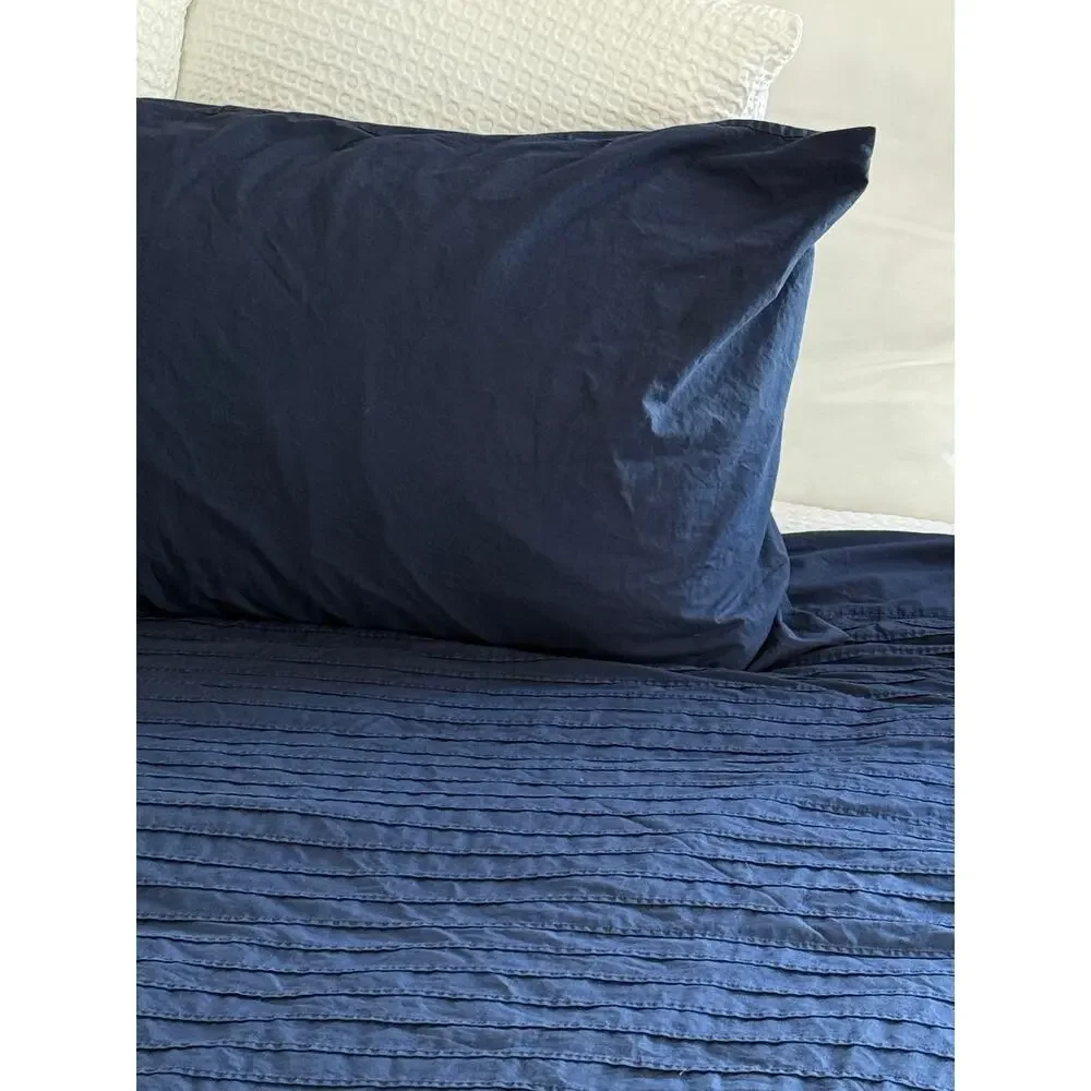 IKEA Alvine Stra Navy Blue Pleated Duvet Cover Set F/Q Cotton 3 Piece 94x80 READ
